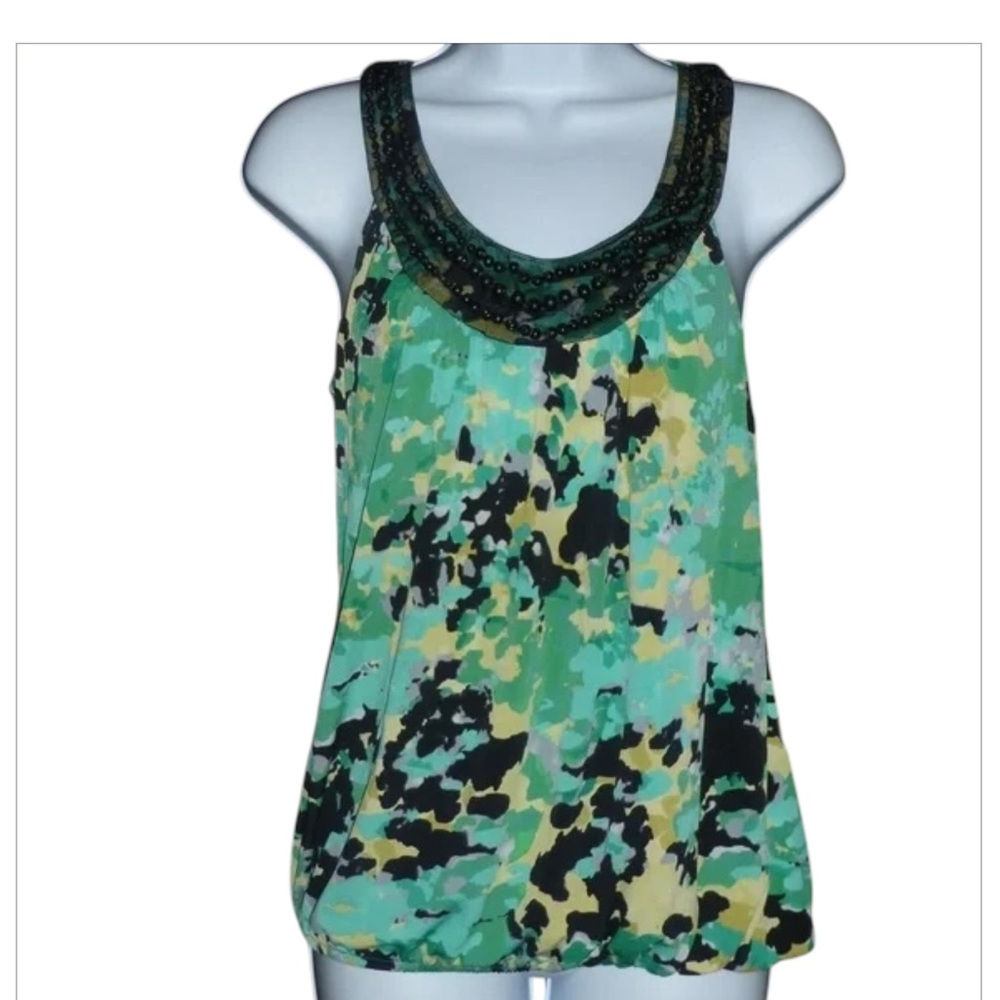 Wrapper, Y2K Sleeveless Blouse Green Black Yellow Beaded Scoop Neck, Racerback M